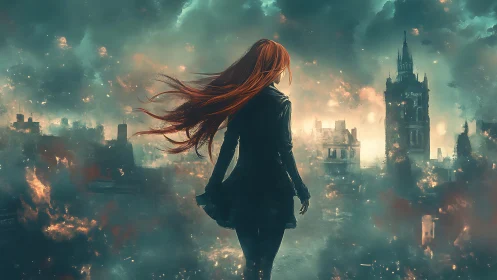 Flame-haired sentinel walking through embers of a ruined city.