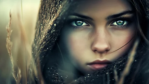 Iridescent gaze under hooded cloak in shallow field focus.