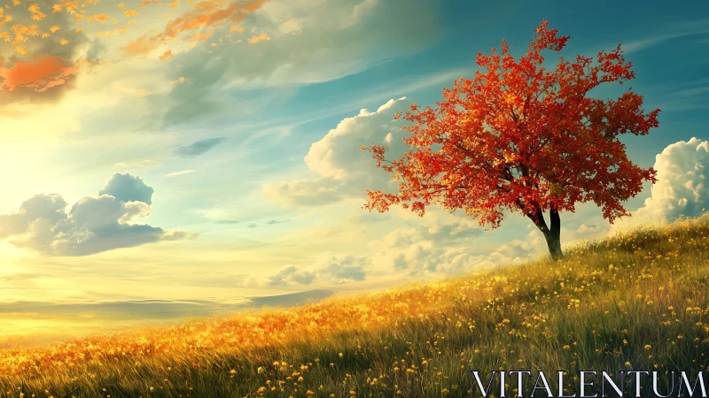 Solitary crimson tree on sunlit meadow at golden hour.