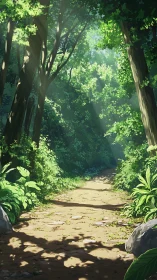 Sunlit forest canopy opens along winding woodland path.