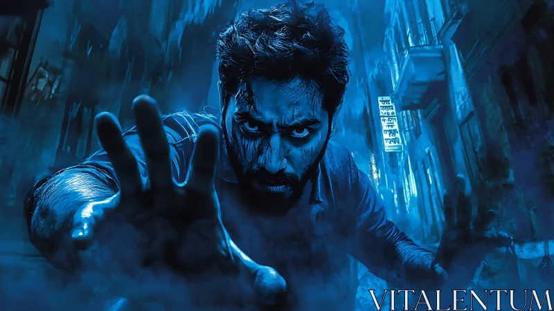 Intense man reaches through blue fog in haunted alleyway.