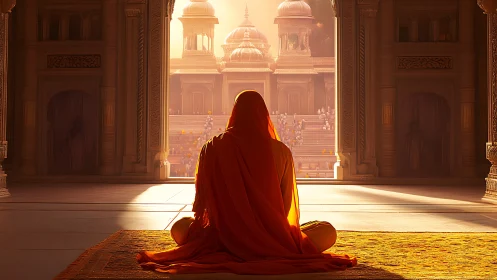Monk sits in ornate temple hall facing sunlit courtyard
