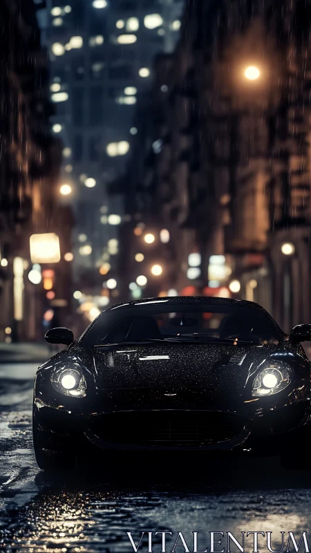 Black sports car stands in wet night city street rain