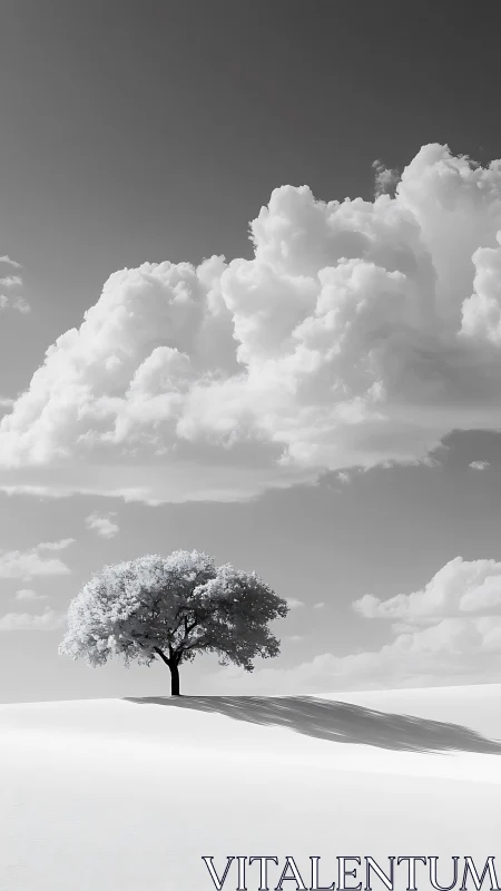 Solitary tree casts a long shadow beneath towering clouds.