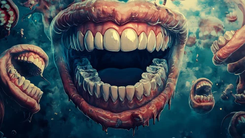 Multiple floating mouths occupy a saturated teal environment