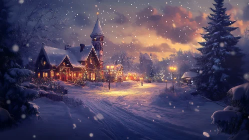 Snow covered village street with lit houses at dusk.