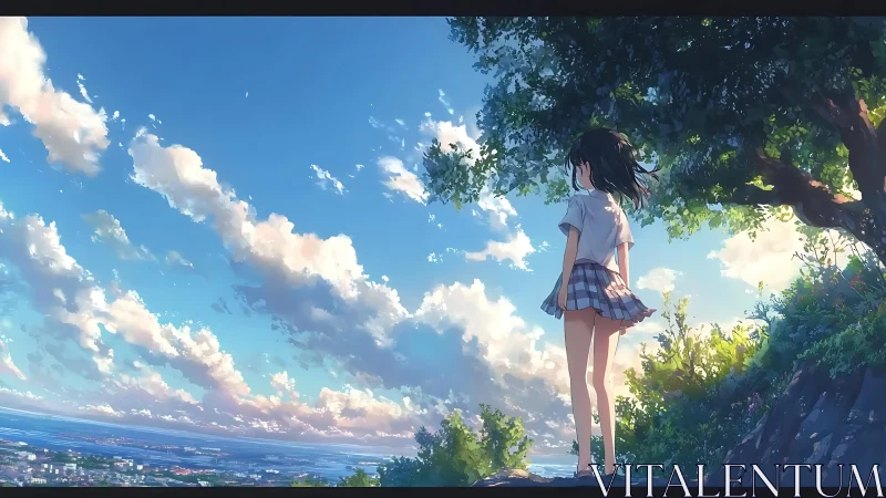 Anime girl overlooks coastal city under expansive cloudscape