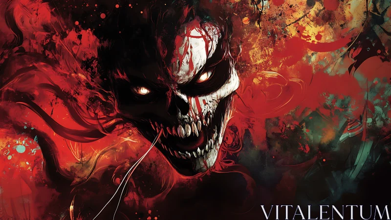 Digital painting of demonic skull in eruptive abstract reds.