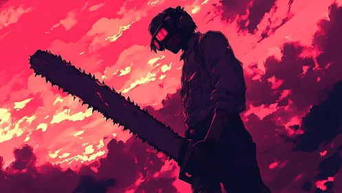 Backlit chainsaw wielder dominates neon crimson sky