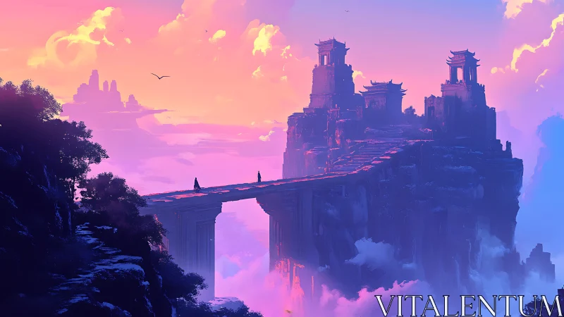 Sunset kingdoms drift above clouds while pilgrims cross