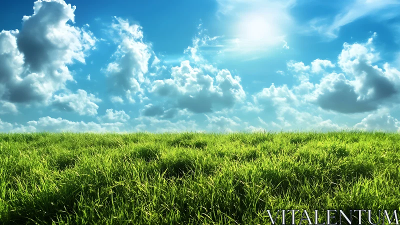 Sunlit grassy field under bright sky of drifting clouds.