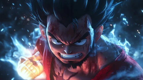 Battle-hardened anime fighter charges glowing energy fist