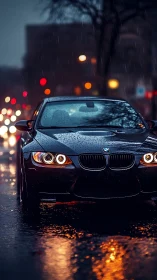 Rain-soaked city prowler glows through neon-streaked dusk