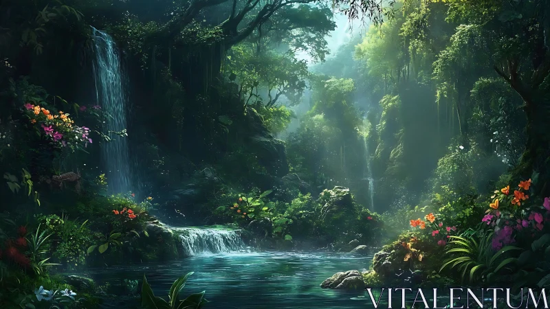 Lush rainforest pool with cascading waterfalls and volumetric light