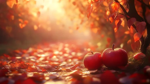 Autumn apples resting softly beneath glowing golden leaves.