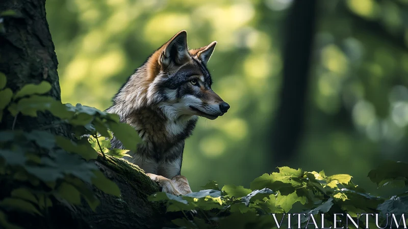Wolf standing alert in dense green forest habitat.