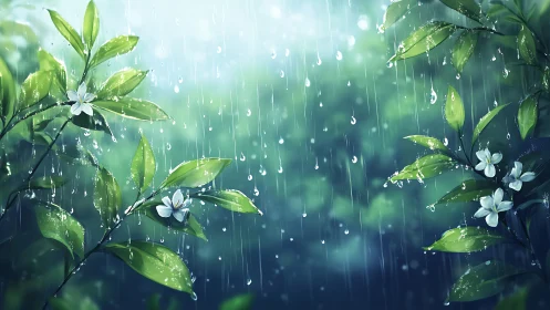 Digital painting of rain-washed foliage with white blossoms in bloom.