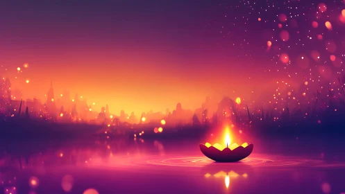 Luminous river diya with volumetric bokeh in twilight atmosphere.