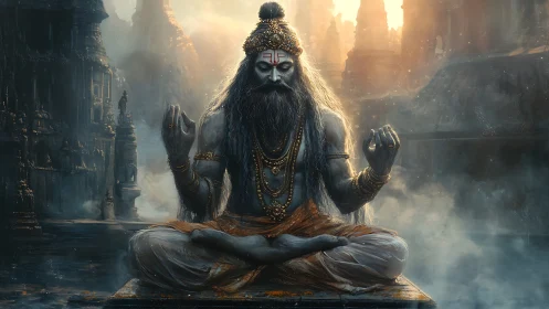 Meditating ascetic figure in ornate ruined temple landscape.