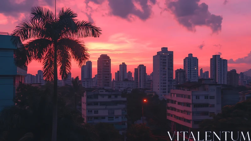 Urban skyline with palm tree under vivid pink sunset.