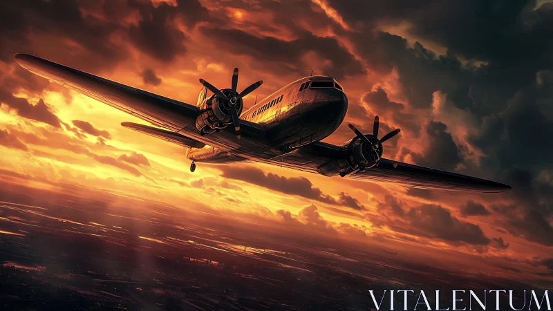 Vintage propeller airliner cuts through blazing sunset sky.