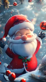 Cheerful cartoon Santa Claus in snowy Christmas forest.