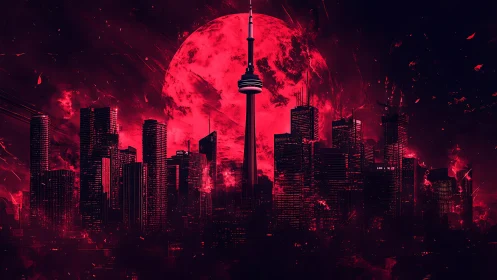 Scarlet moon looms over futuristic Toronto skyline at night