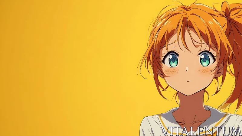 Orange haired anime girl on solid yellow background.