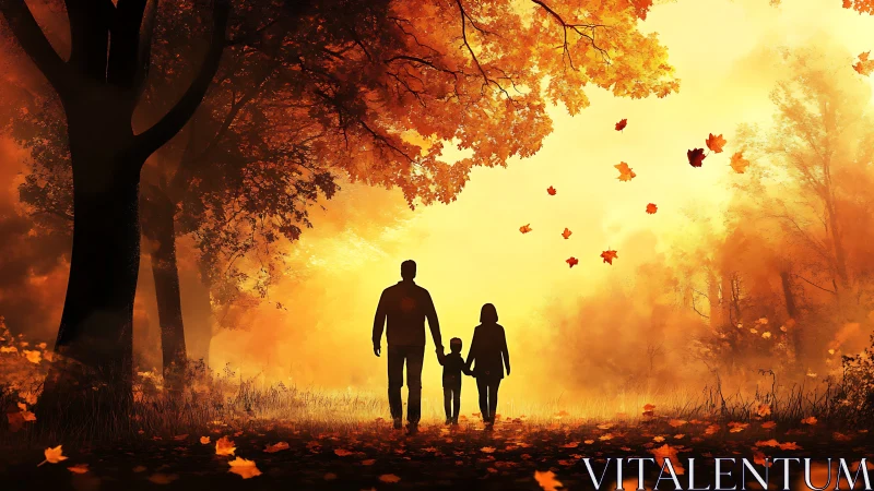 Family Walking Through Autumn Forest at Golden Hour.