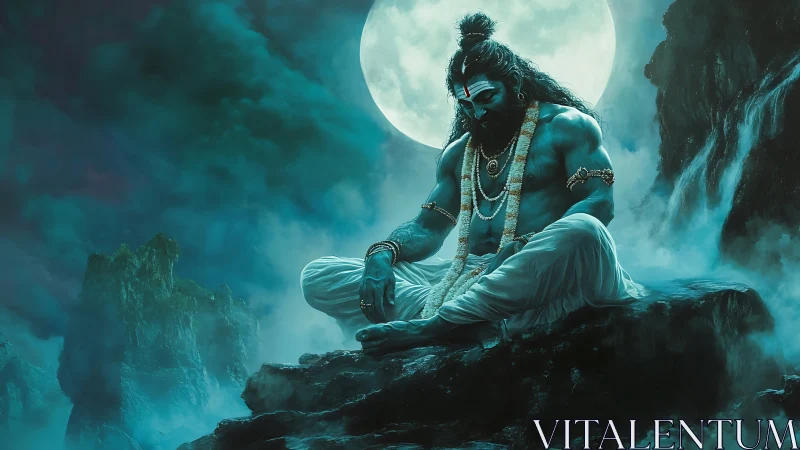 Mythic blue yogi meditates under full moon on misty cliffs