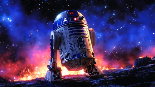 Lone astro-droid tilts skyward over a burning alien horizon