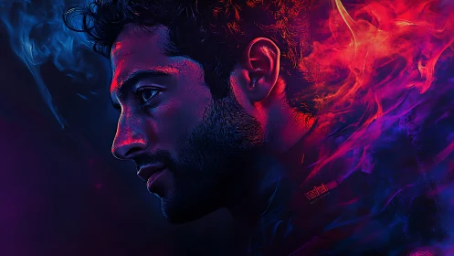 Vibrant neon portrait glows with swirling red and violet light
