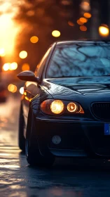 Sleek black car glowing softly in the golden city sunset.