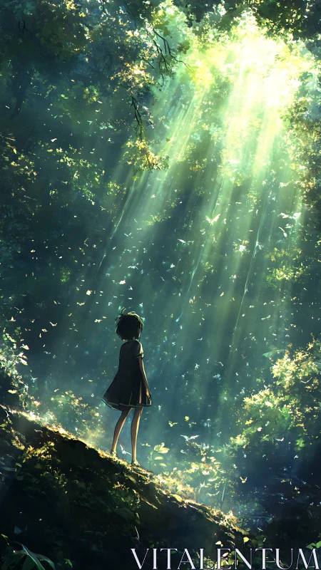Forest child under cascading starlight sunbeams, quietly listening.