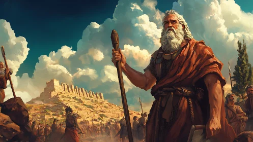 Elderly leader guides nomadic tribe toward hill fortress.