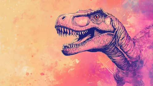 Ferocious dinosaur portrait on neon watercolor splatter background.