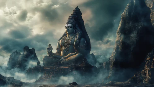 Colossal Shiva statue seated among misty mountain cliffs.