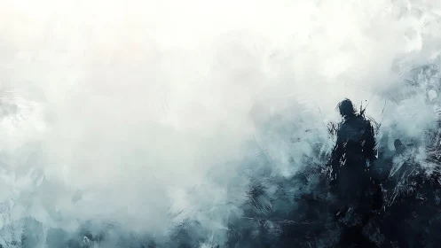 Solitary silhouetted figure dissolving into misted abstraction.