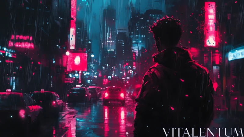 Cyberpunk rain-soaked avenue with lone figure silhouette at night.
