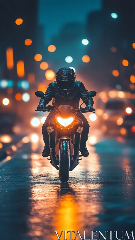 Lone motorcyclist cuts through neon city rain at night