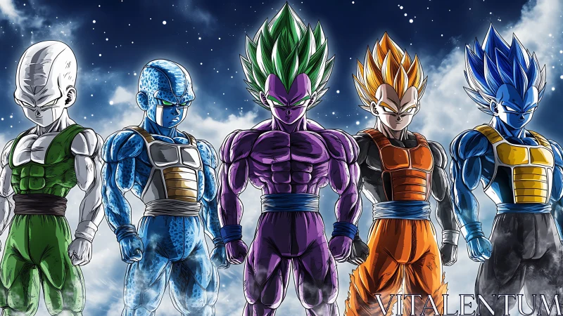 Five armored fighters stand in formation under a clouded sky