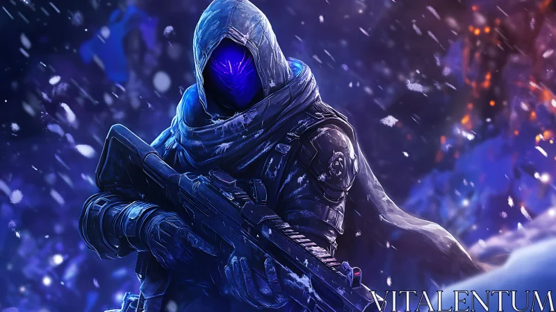Hooded sci‑fi sniper stalks a blizzard‑lit battlefield at night.