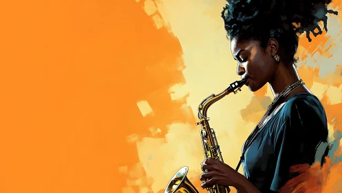 Side profile of saxophonist against flat orange backdrop.