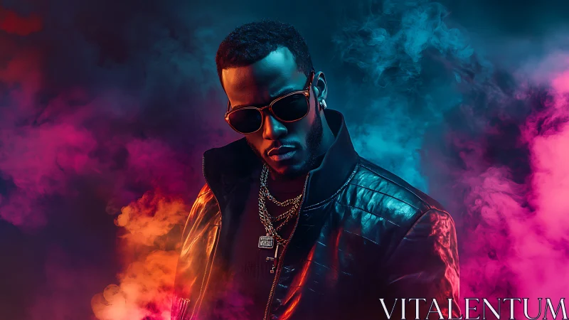 Neon-lit portrait of stylish man in black leather jacket