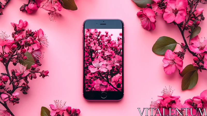Smartphone surrounded by vibrant pink flowers.