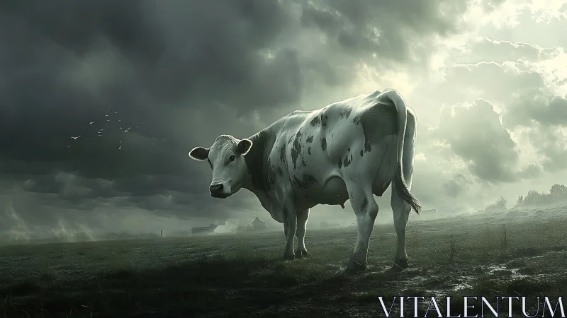 Stormlit Holstein cow in misty pasture under brooding sky.