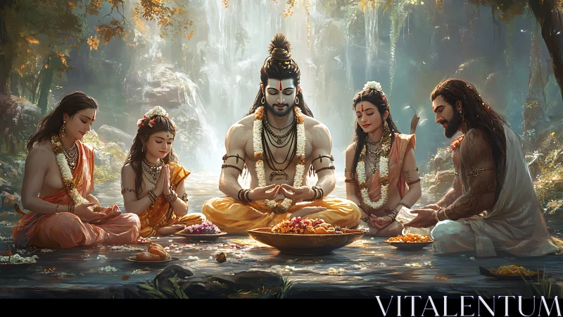 Mythic riverbank offering with divine figures in luminous repose.