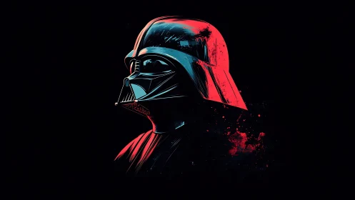 Helmeted dark figure in neon red and cyan strokes profile.