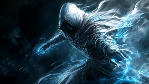 Hooded spectral mage unleashes swirling blue energy storm
