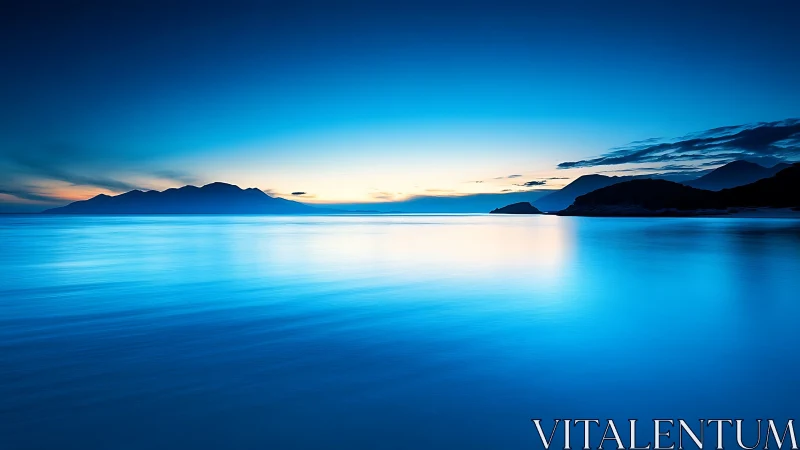 Blue coastal horizon captures tranquil predawn seascape
